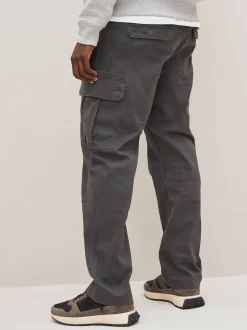 Grey Charcoal Straight Fit Cotton Stretch Cargo Trousers