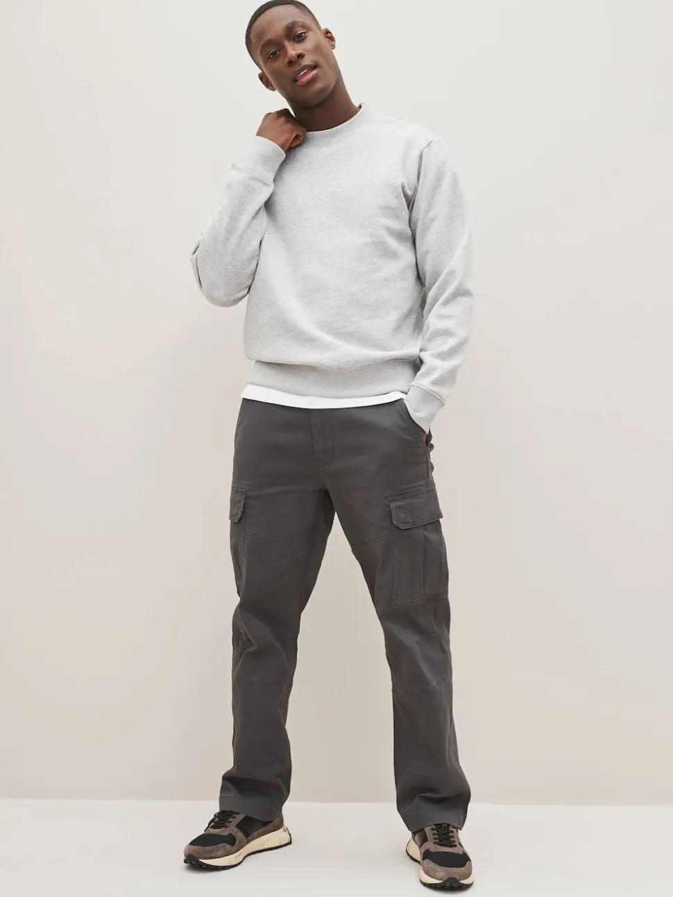 Grey Charcoal Straight Fit Cotton Stretch Cargo Trousers