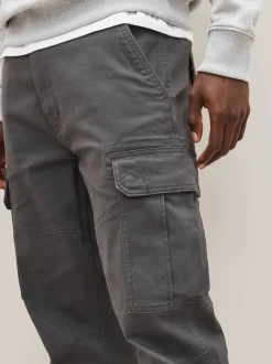 Grey Charcoal Straight Fit Cotton Stretch Cargo Trousers