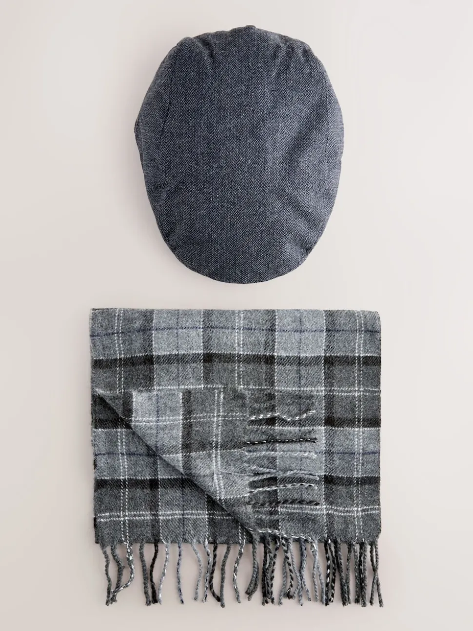 Grey Check Flat Cap And Scarf Set