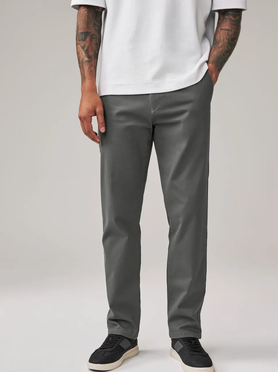 Grey Dark Straight Fit Stretch Chinos Trousers