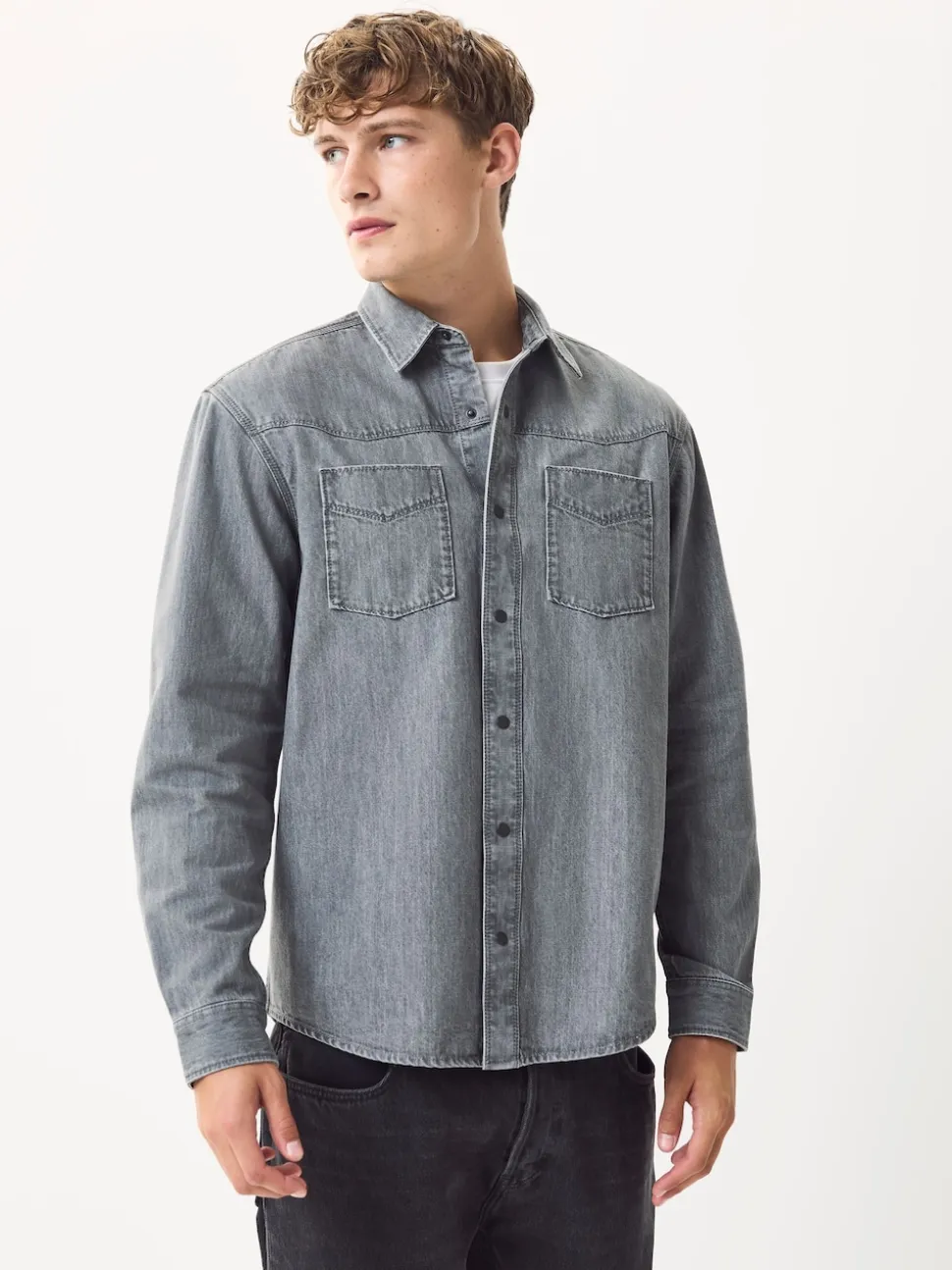 Grey Denim Western Style Long Sleeve Shirt