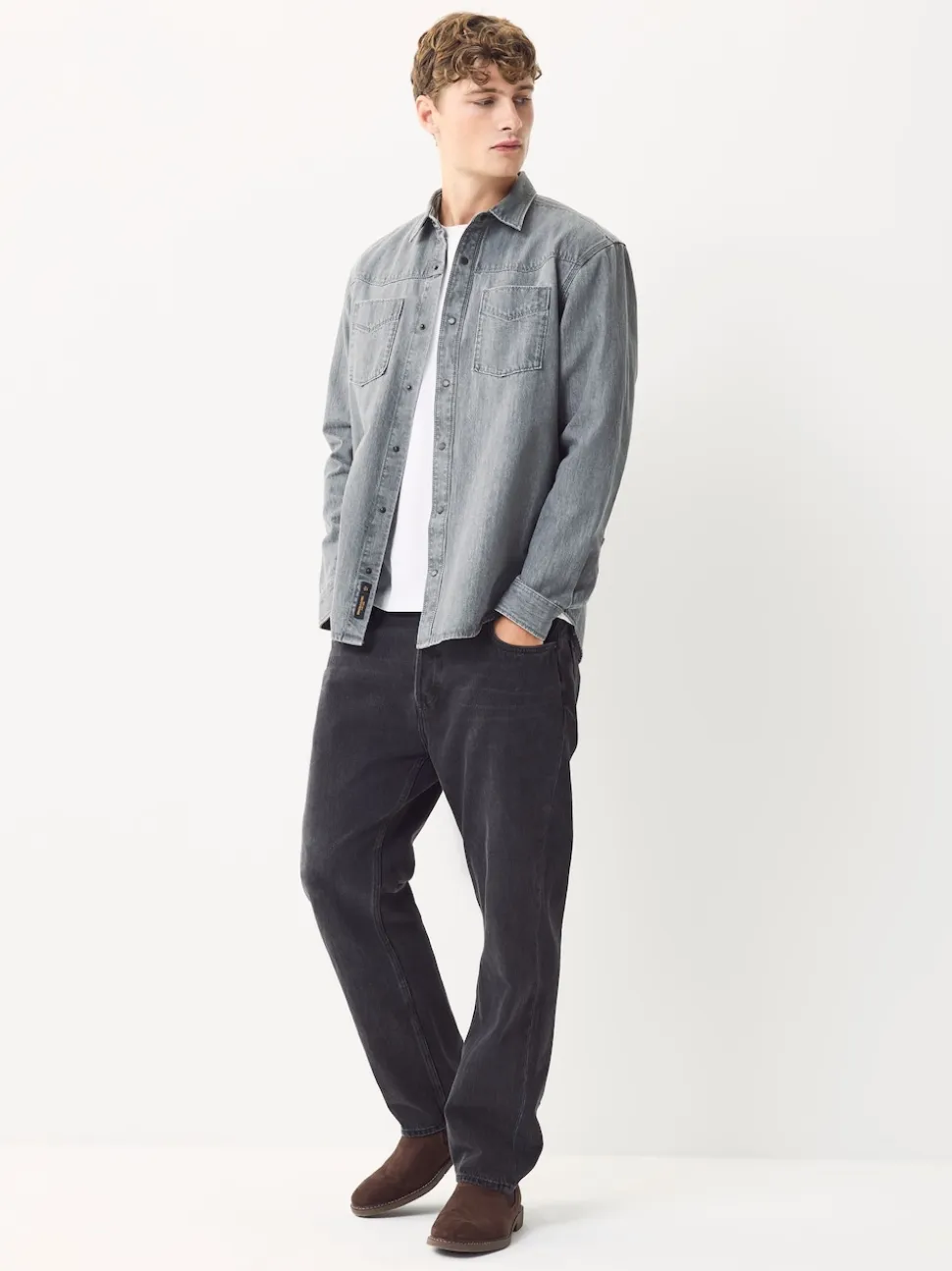 Grey Denim Western Style Long Sleeve Shirt