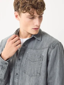 Grey Denim Western Style Long Sleeve Shirt