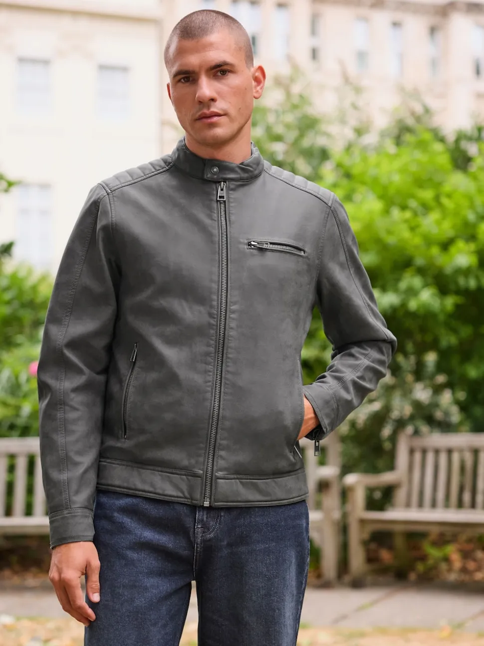 Grey Faux Leather Biker Jacket