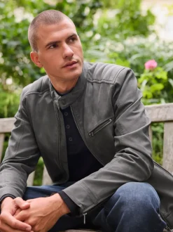 Grey Faux Leather Biker Jacket
