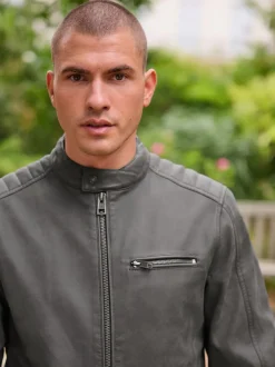 Grey Faux Leather Biker Jacket