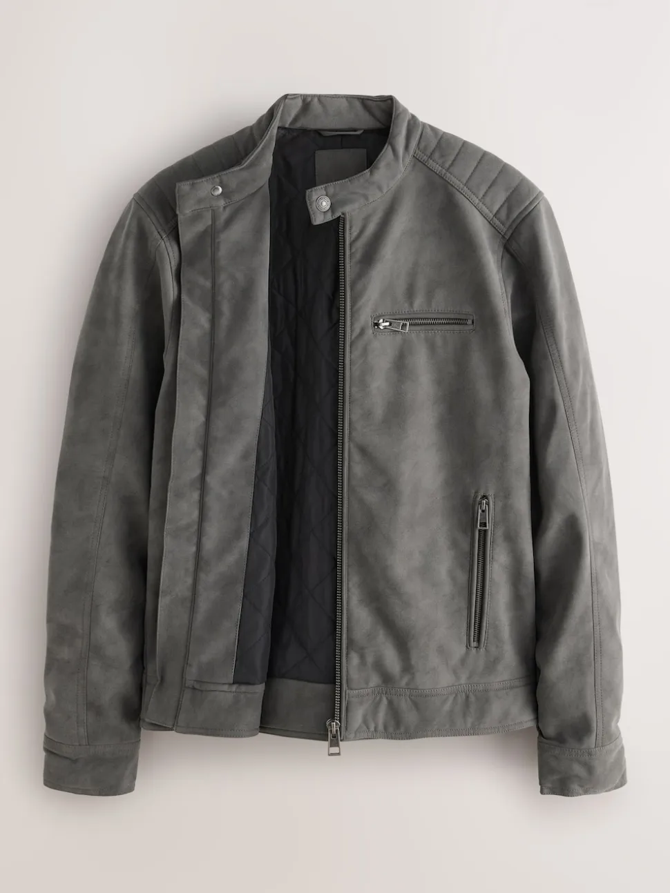 Grey Faux Leather Biker Jacket