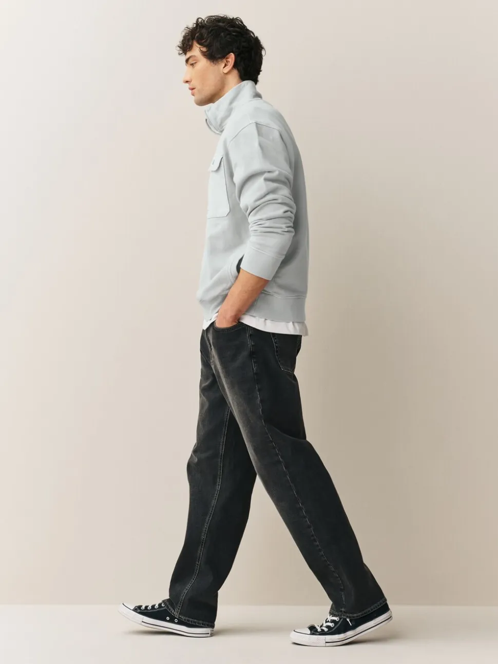 Grey Garment Washed Utility Quarter Zip Sweatshirt