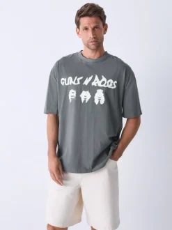 Grey Guns N' Roses Relaxed Fit Band Graphic Print T-Shirt