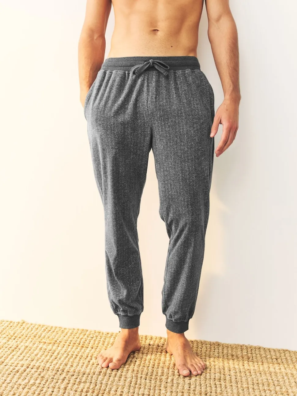 Grey Herringbone Thermal Fleece Cuffed Check Pyjama Bottoms