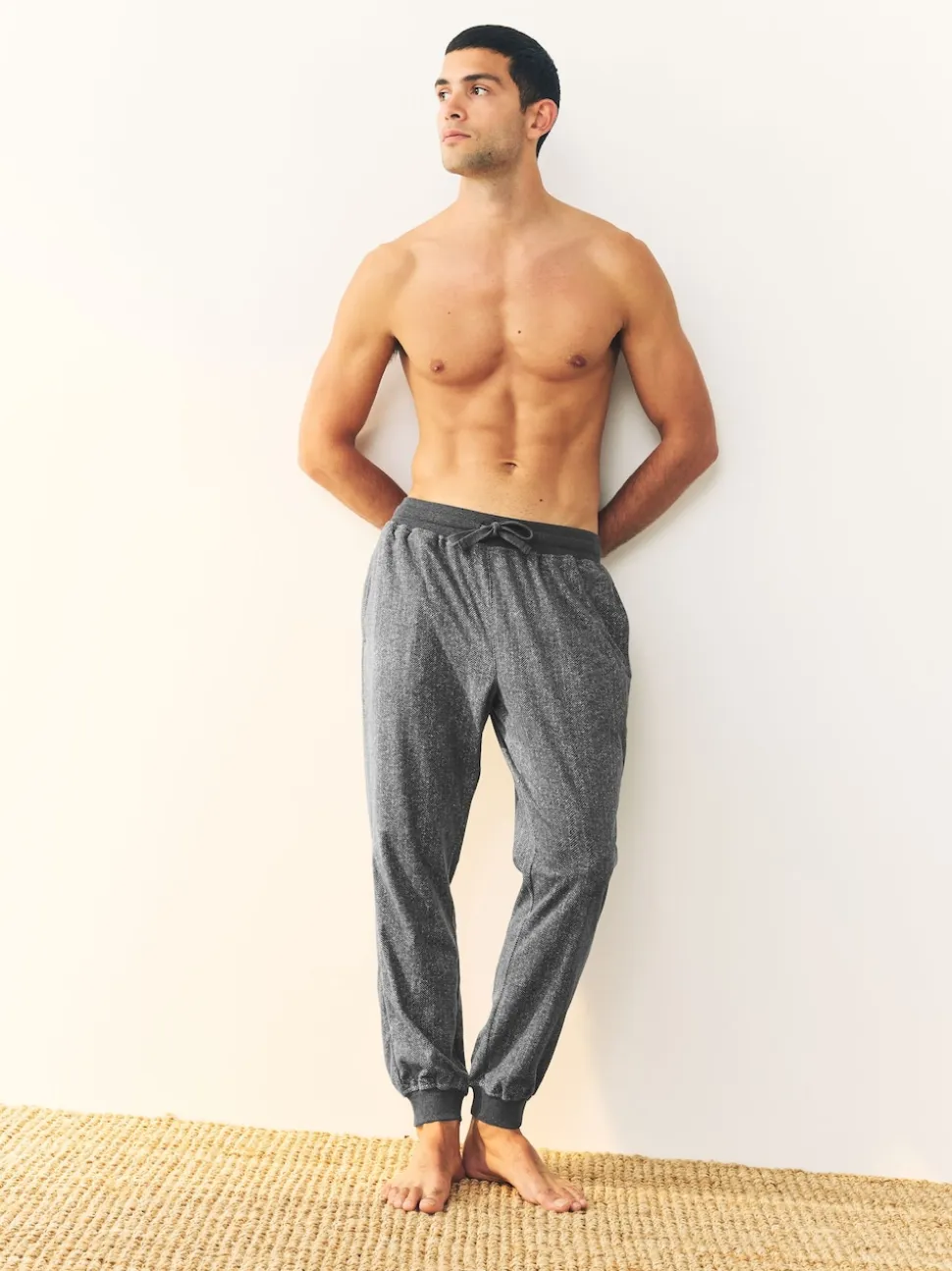 Grey Herringbone Thermal Fleece Cuffed Check Pyjama Bottoms