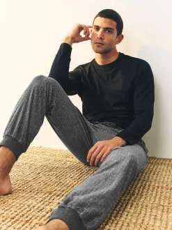 Grey Herringbone Thermal Fleece Cuffed Check Pyjama Bottoms