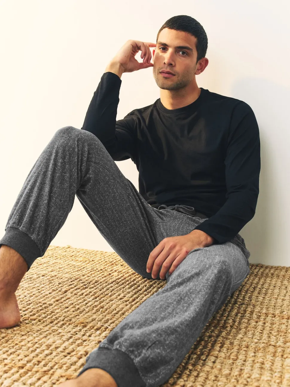 Grey Herringbone Thermal Fleece Cuffed Check Pyjama Bottoms