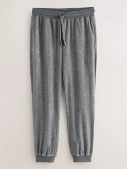 Grey Herringbone Thermal Fleece Cuffed Check Pyjama Bottoms