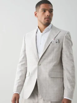 Grey Linen Blend Check Tailored Suit Jacket