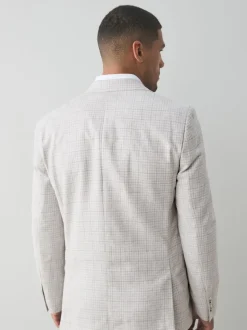 Grey Linen Blend Check Tailored Suit Jacket