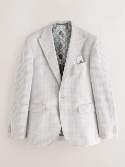 Grey Linen Blend Check Tailored Suit Jacket