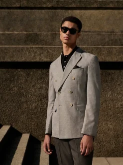 Grey Linen Blend Texture Double Breasted Suit Jacket