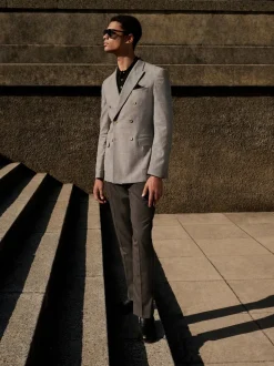 Grey Linen Blend Texture Double Breasted Suit Jacket