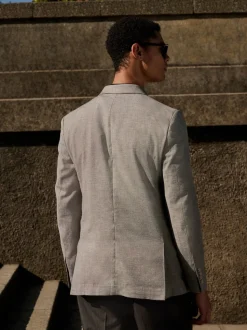 Grey Linen Blend Texture Double Breasted Suit Jacket