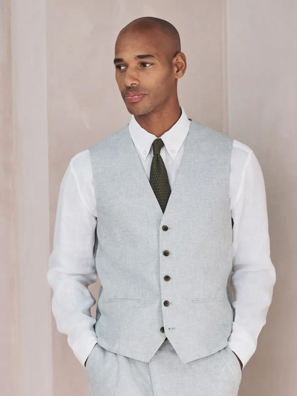 Grey Linen Blend Texture Suit Waistcoat