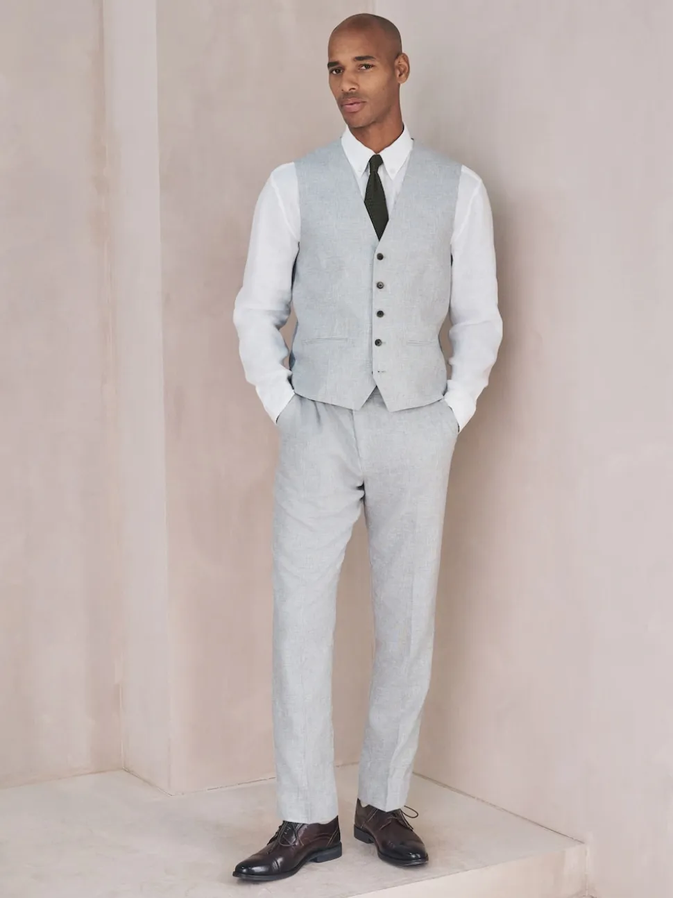 Grey Linen Blend Texture Suit Waistcoat
