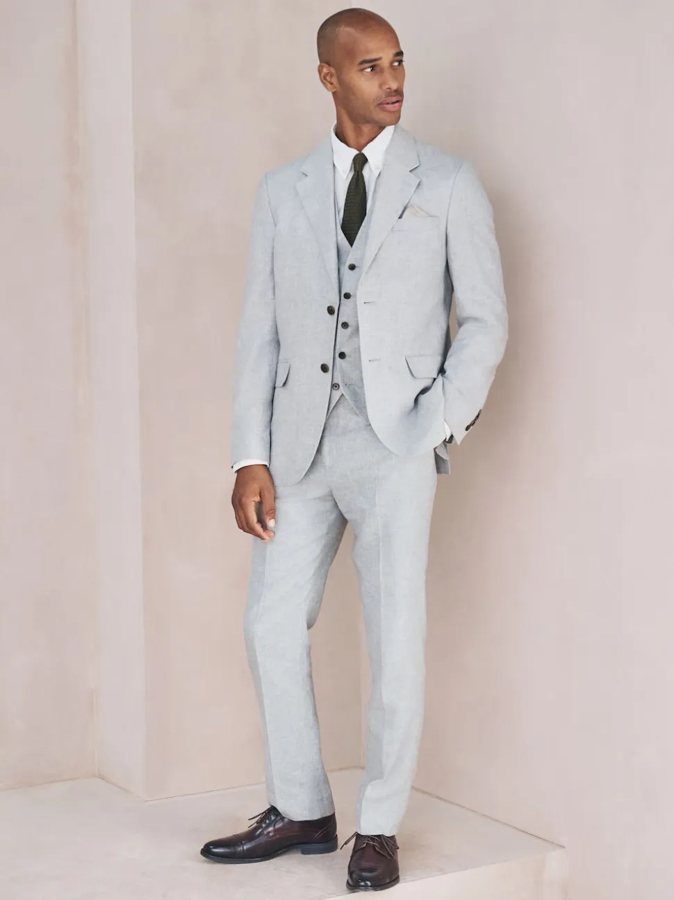 Grey Linen Blend Texture Suit Waistcoat