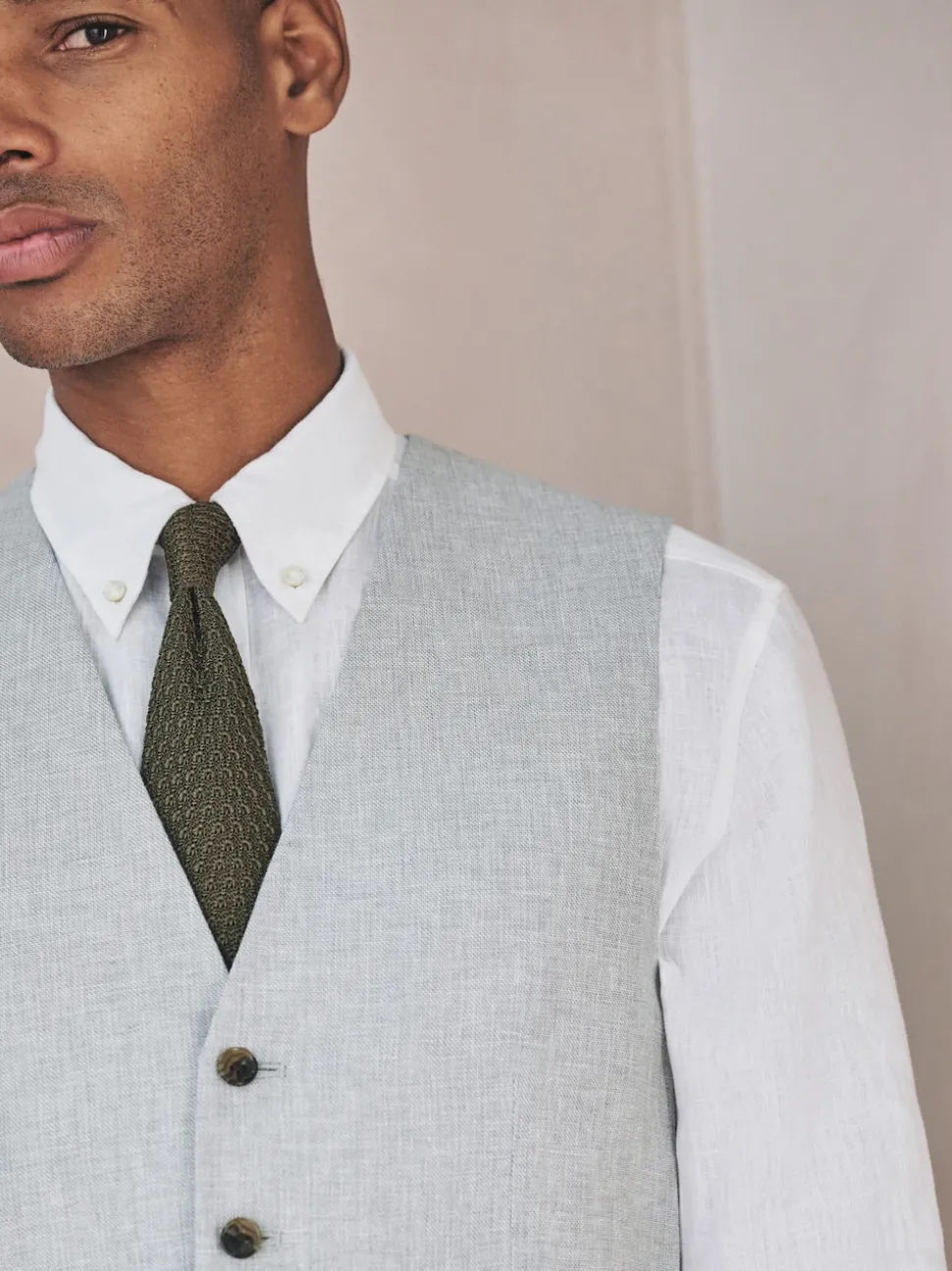 Grey Linen Blend Texture Suit Waistcoat