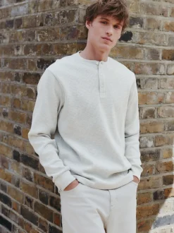 Grey Long Sleeve Grandad Collar T-Shirt
