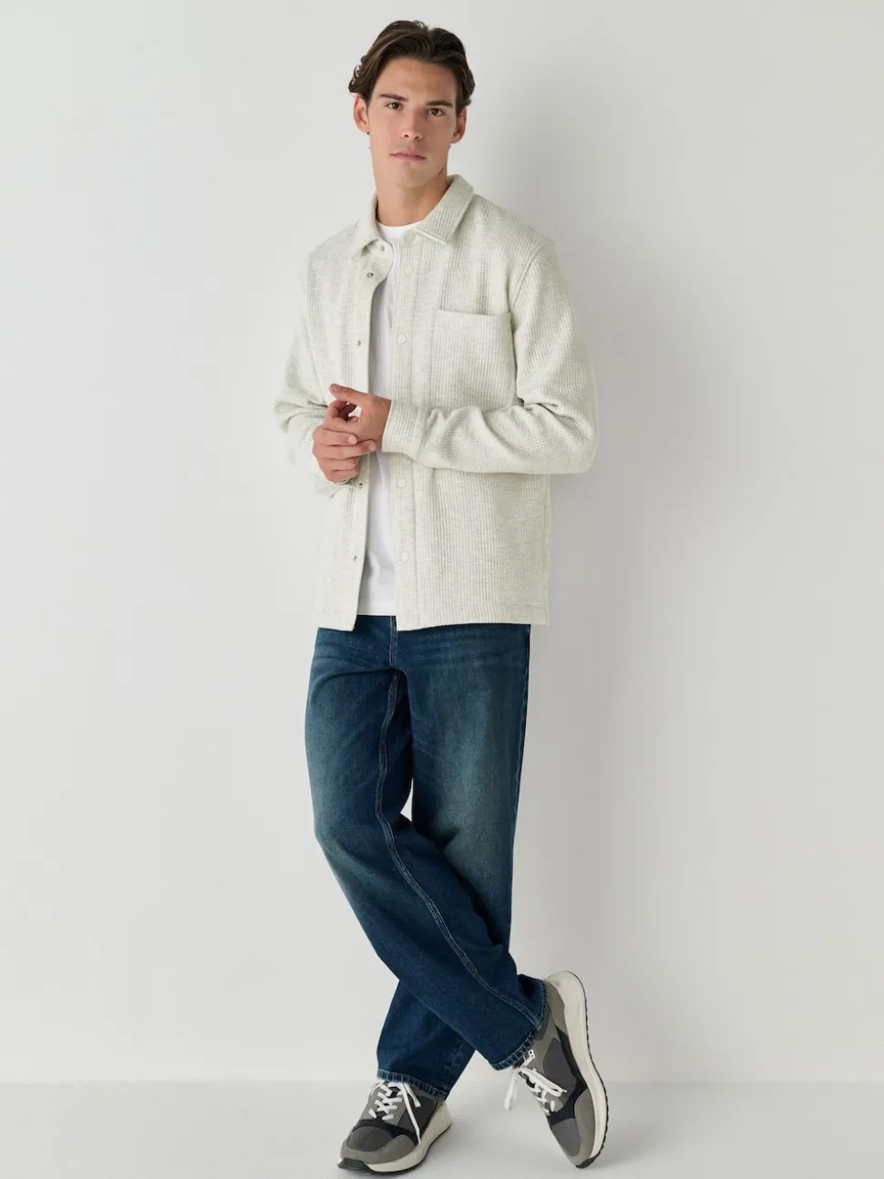 Grey Marl Linear Texture Popper Shacket