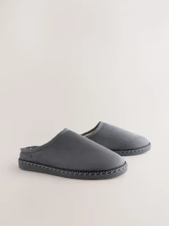 Grey Microsuede Taped Mule Slippers