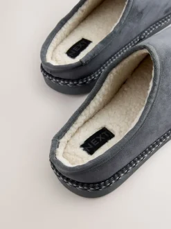 Grey Microsuede Taped Mule Slippers