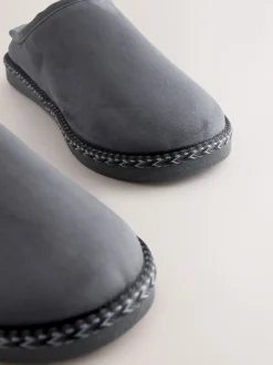 Grey Microsuede Taped Mule Slippers
