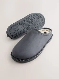 Grey Microsuede Taped Mule Slippers