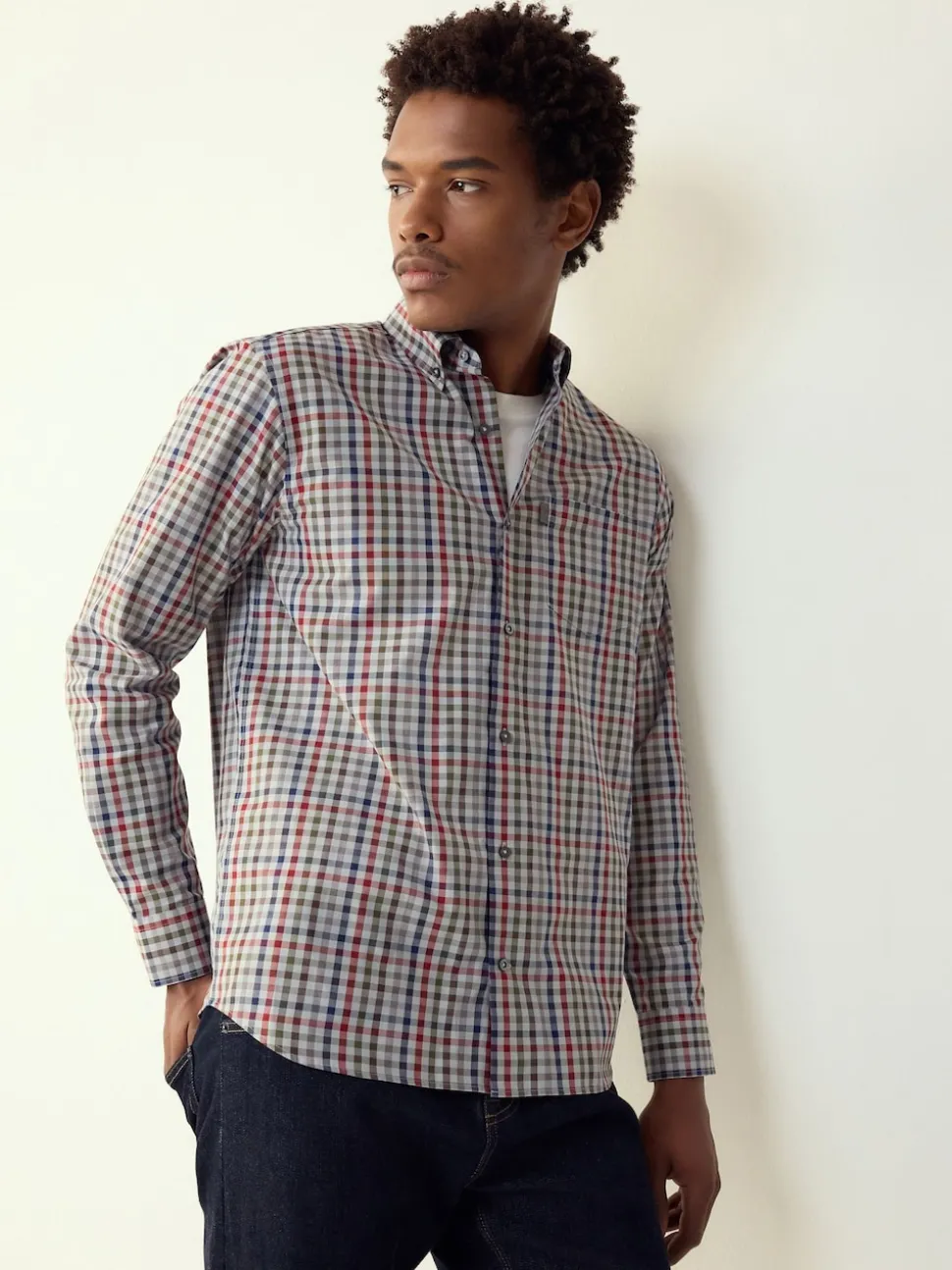 Grey/ Multi Colour Gingham Regular Fit Easy Iron Button Down Oxford Shirt