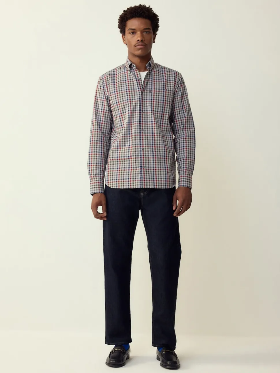 Grey/ Multi Colour Gingham Regular Fit Easy Iron Button Down Oxford Shirt