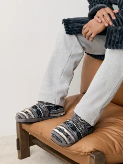 Grey Pattern Fleece Boot Slippers