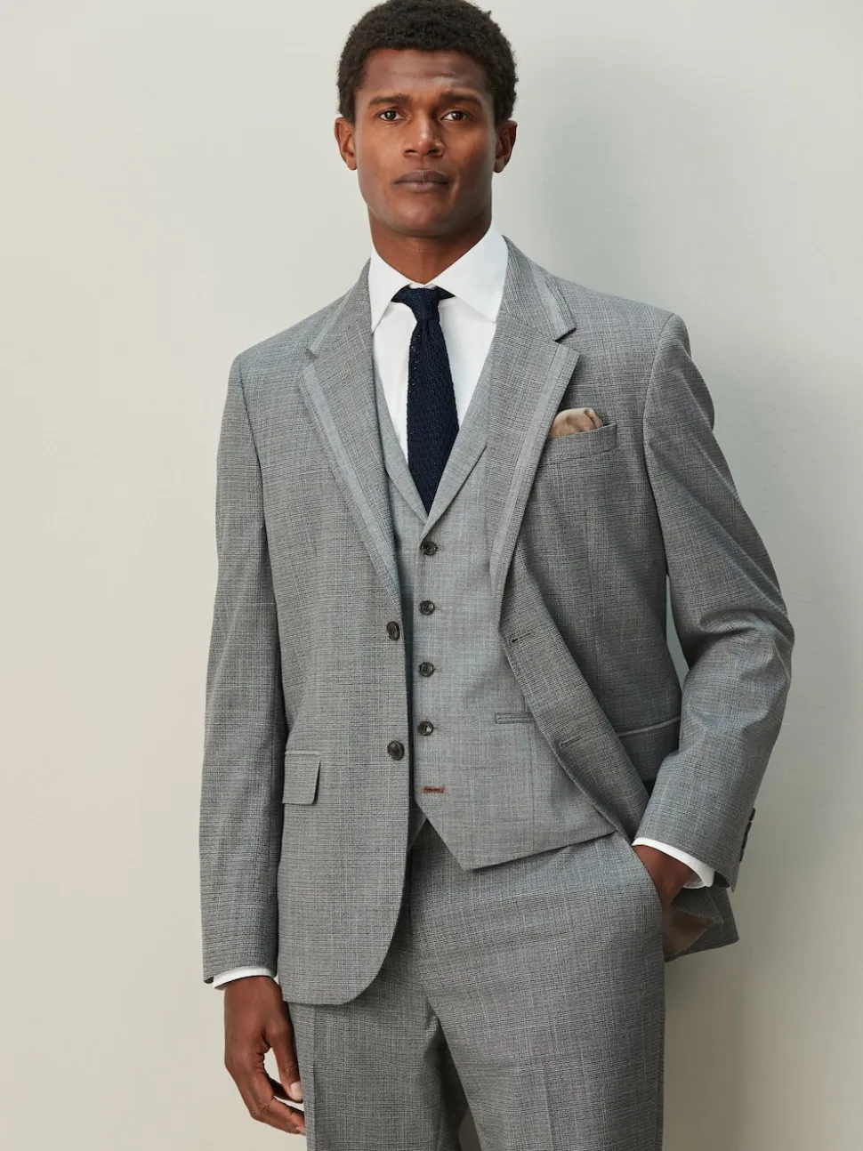 Grey Regular Fit Contrast Fabric Detail Suit Jacket