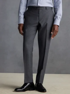 Grey Regular Fit Signature 100% Wool Trousers With Motion Flex Waistband