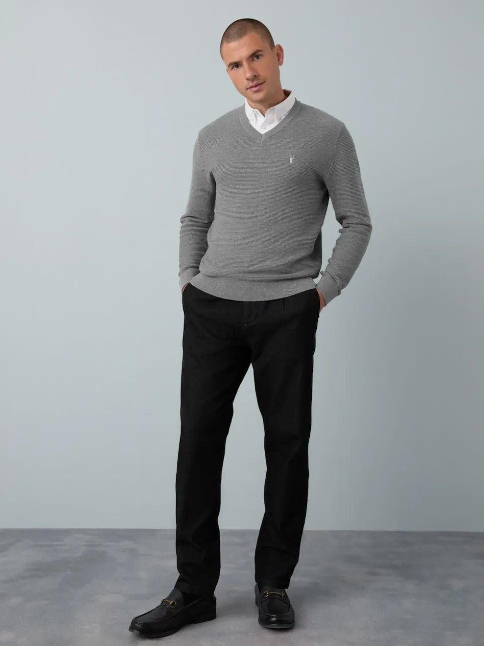 Grey Regular Fit Textured Oxford Mock Shirt Jumper