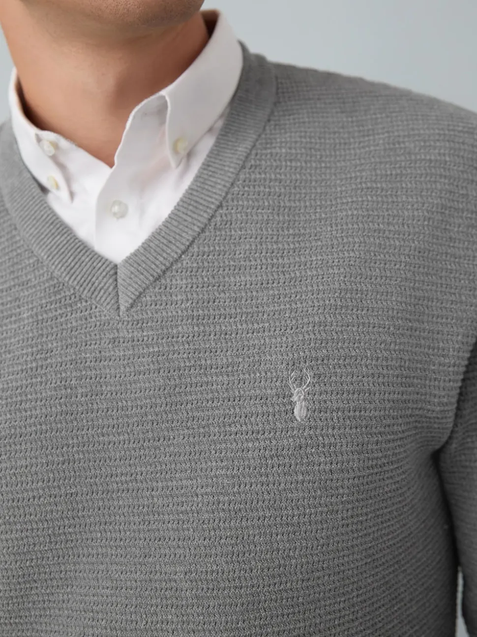Grey Regular Fit Textured Oxford Mock Shirt Jumper