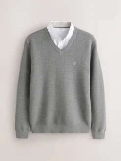 Grey Regular Fit Textured Oxford Mock Shirt Jumper