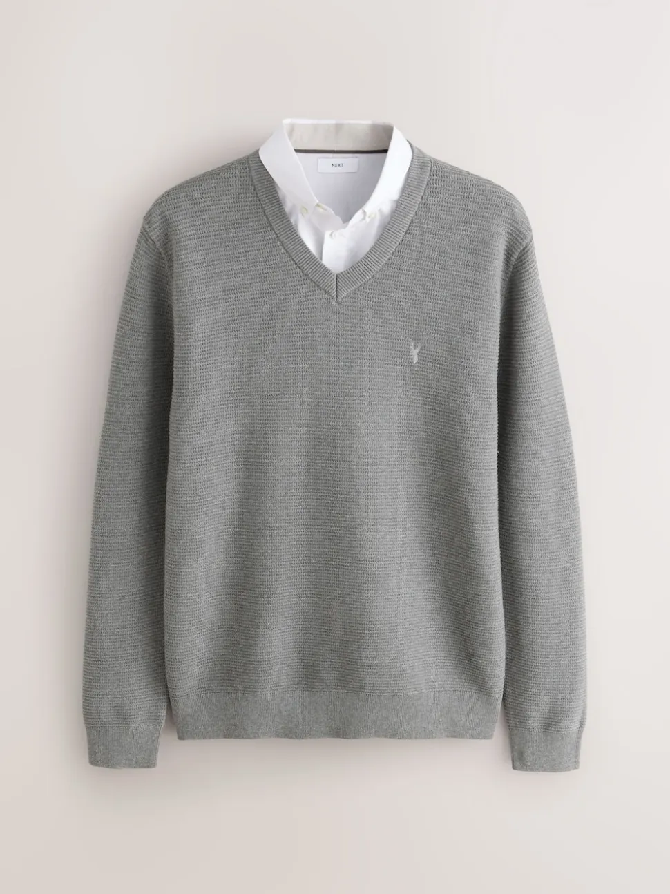 Grey Regular Fit Textured Oxford Mock Shirt Jumper