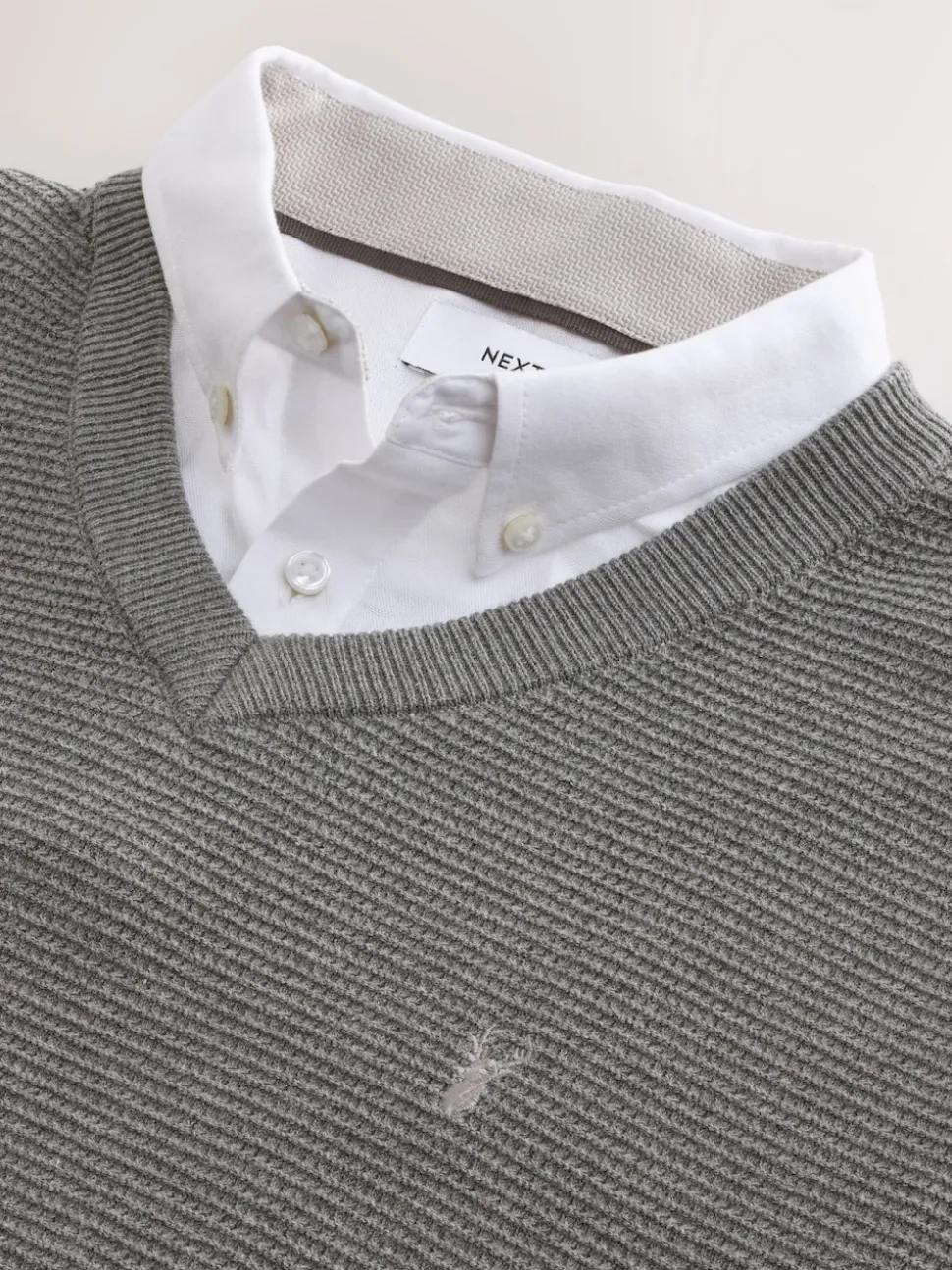 Grey Regular Fit Textured Oxford Mock Shirt Jumper