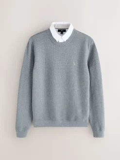 Grey Regular Fit Textured Oxford Mock Shirt Jumper