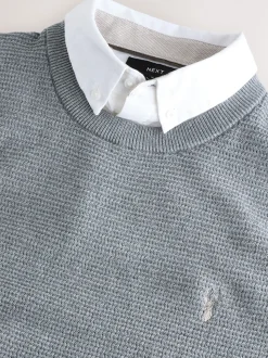 Grey Regular Fit Textured Oxford Mock Shirt Jumper