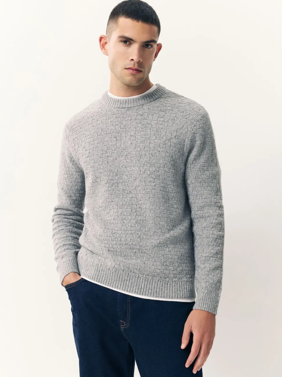 Grey Regular Fit Textured Crew Neck Knitted Jumper