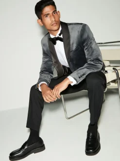 Grey Regular Fit Velvet Blazer