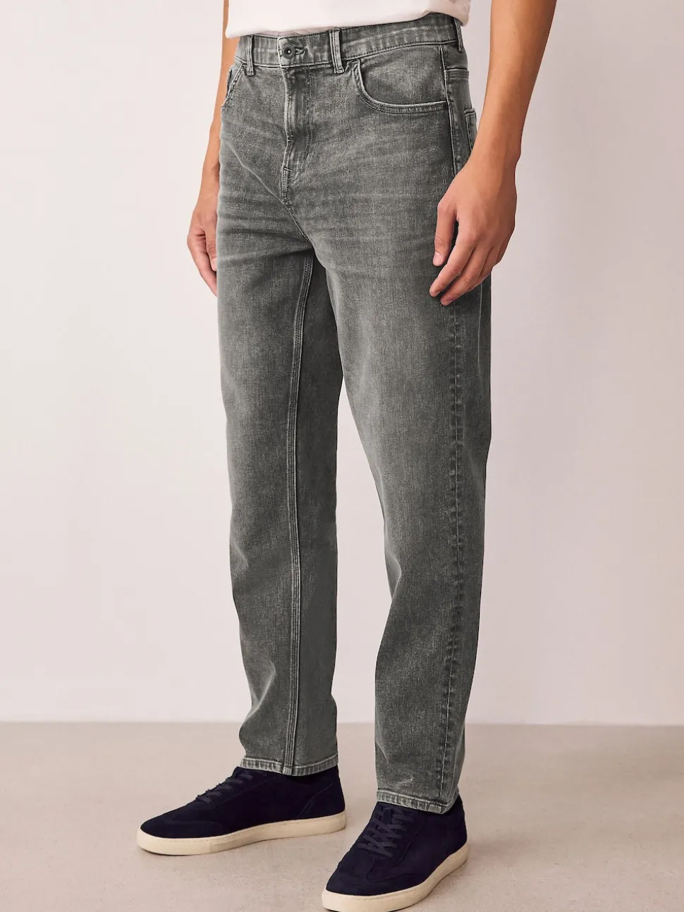 Grey Regular Tapered Fit Authentic Stretch Denim Jeans